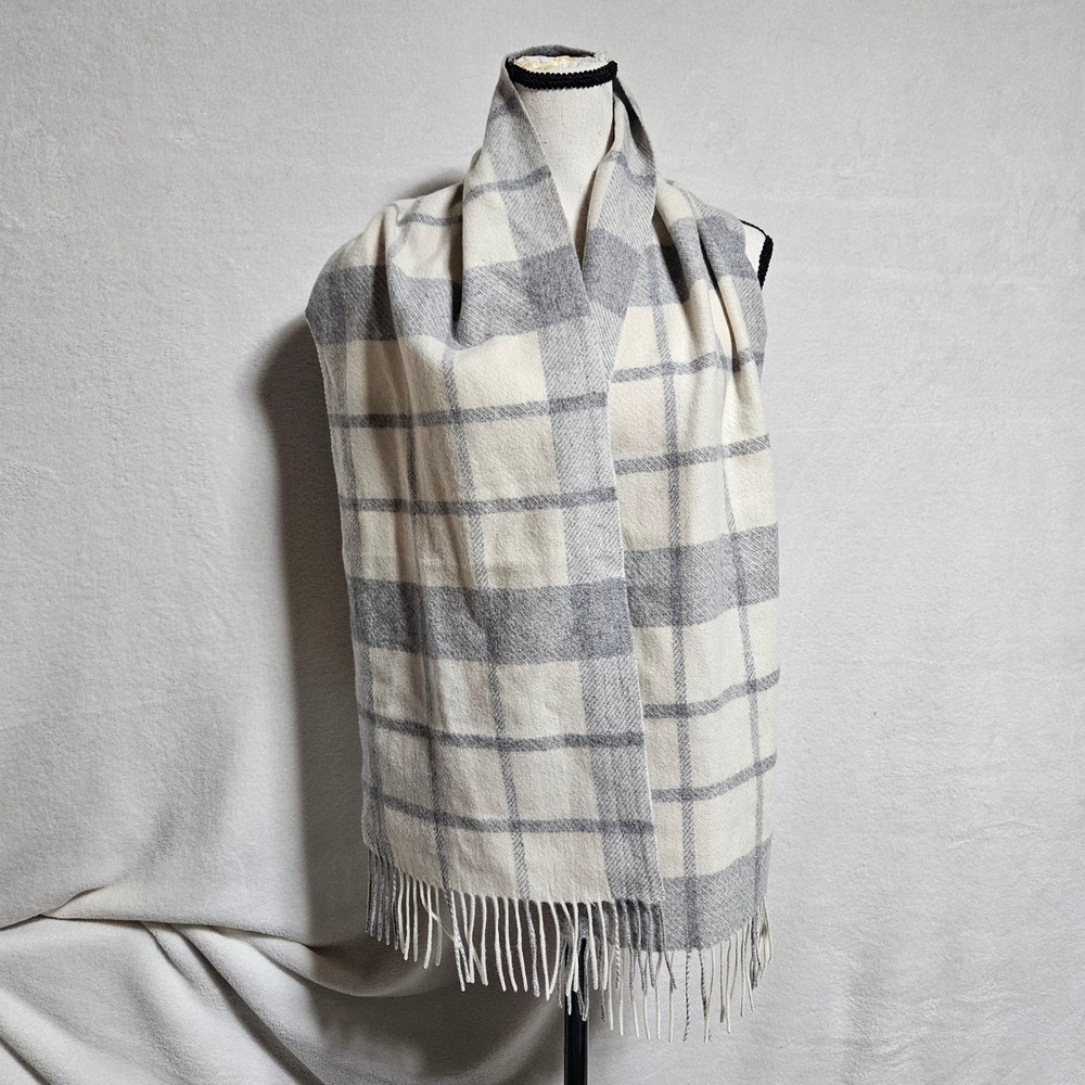 Louisa Perini 100% Cashmere Scarf Grey Cream Windowpane Plaid Fringe Wrap